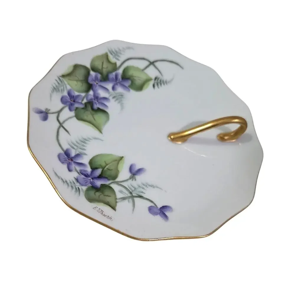 Antique E. Stawski Hand Painted Floral Serving Dish Finger Loop Handle Purple